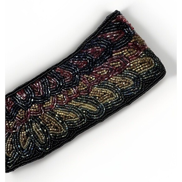 Vintage Hand-Beaded Belt – Black Fabric with Glass Seed Beads – 15” Waist - Picture 2 of 5